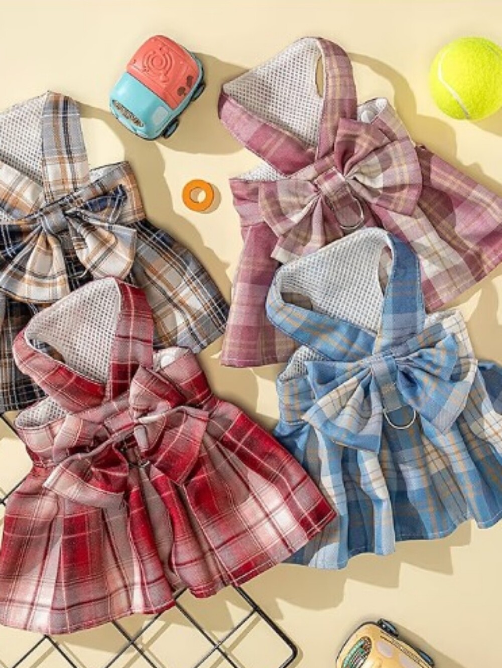 4 Pc Plaid Bow-Tie Harness & Leash Set for Kids' Pets - Pink, Red, Blue, Black